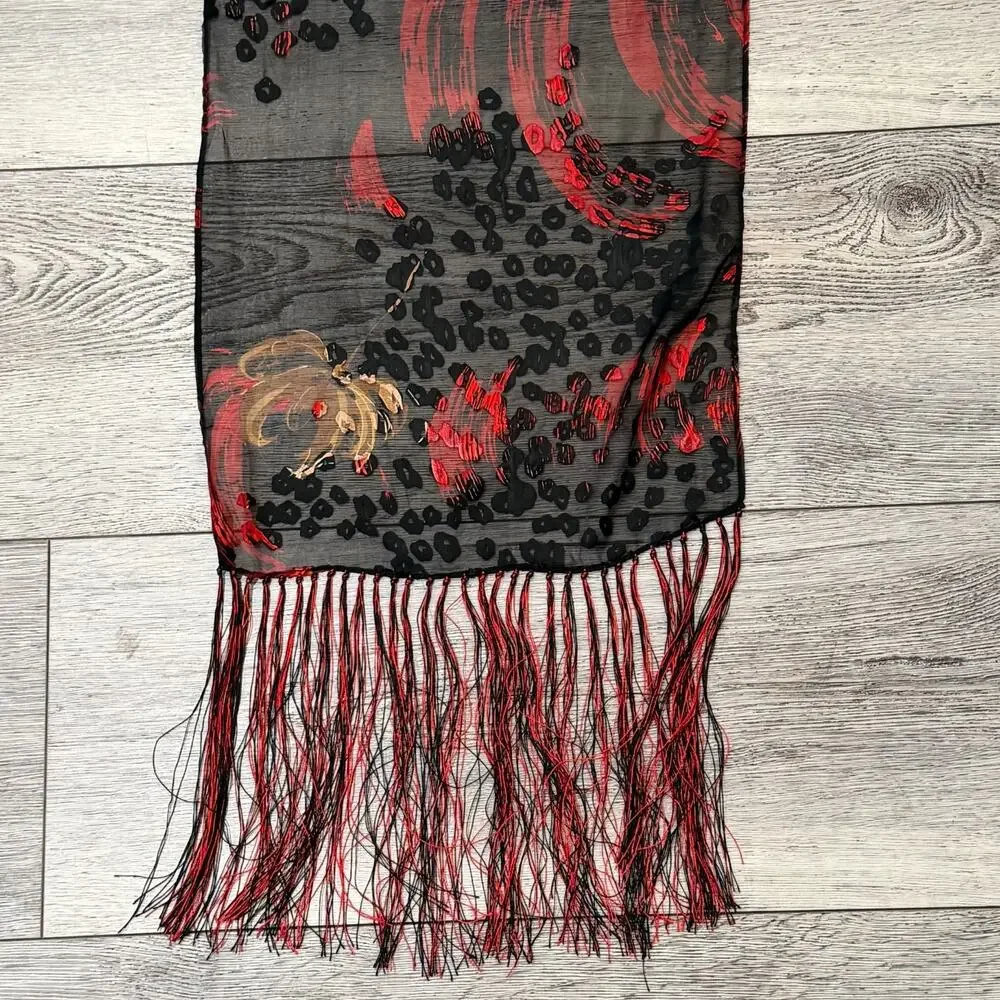 Velvet Burnout Fringe Scarf Black Red Gothic Witchy Dark Academia Boho Wrap